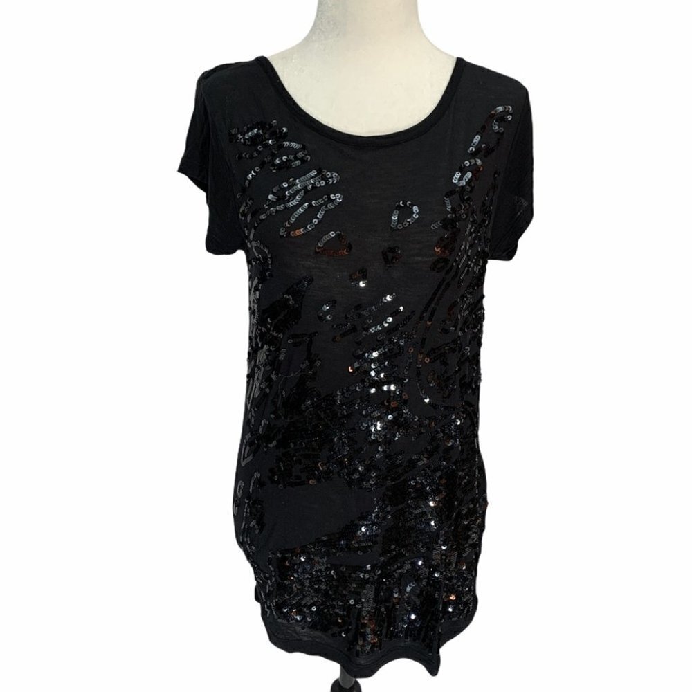 french Connection Black T-shirt Tunic Short Sleeve /Sequins Size XS